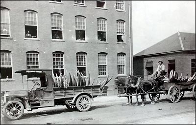 ( DEEP RIVER HISTORICAL SOCIETY ) Tusks are delivered to Pratt Read Company circa 1920's.